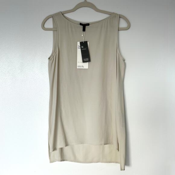 Eileen Fisher 100% Silk Georgette Crêpe Long Shell Bone Bateau Neck Top S Petite - Picture 10 of 16